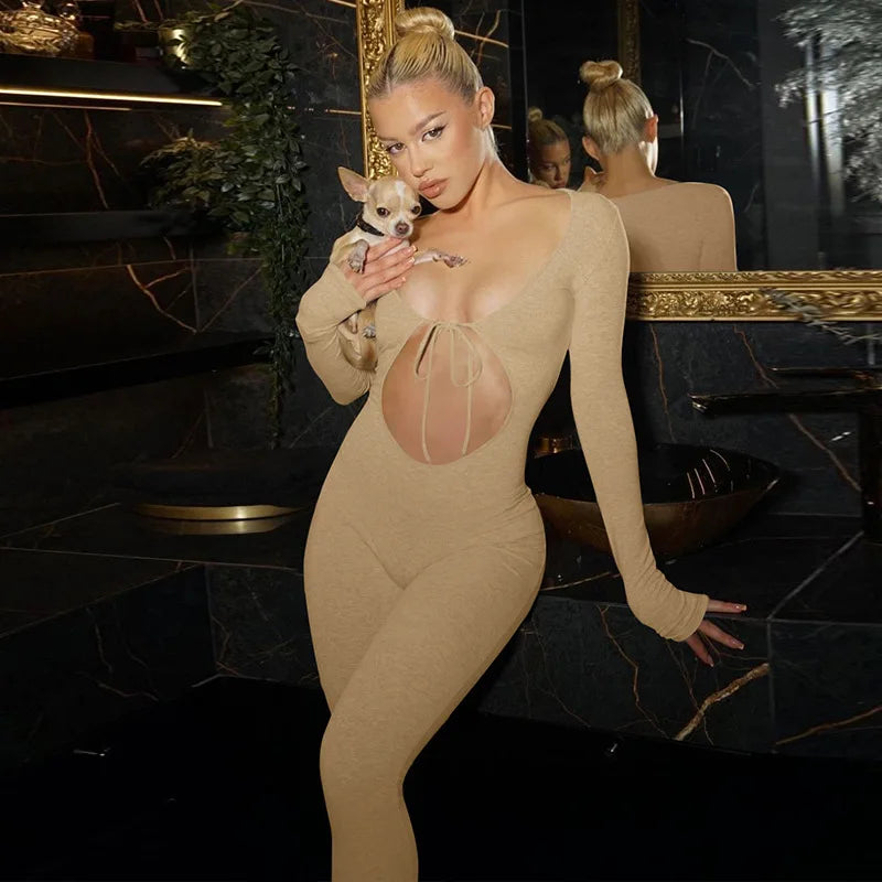 Solid V Neck Long Sleeve Hollow Out Lace Up Sexy Bodycon Jumpsuit Women's Fashion Streetwear Sporty Romper Overalls for Fall