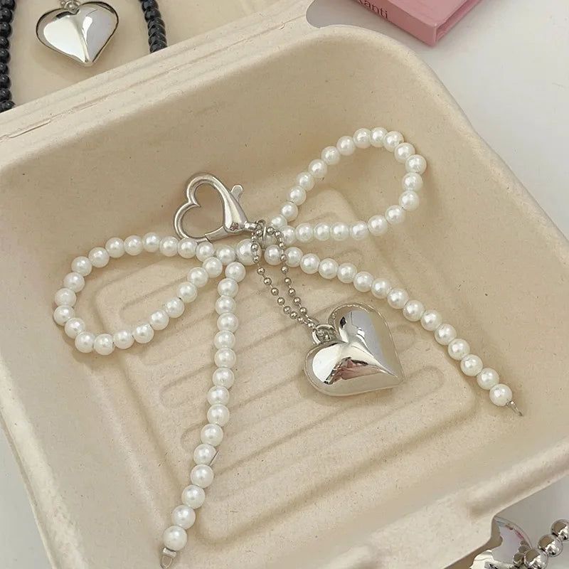 White Bowknot Heart Keychain for Women Sweet Charm Pearl Bow Backpack Key Ring Handmade Jewelry Ornament