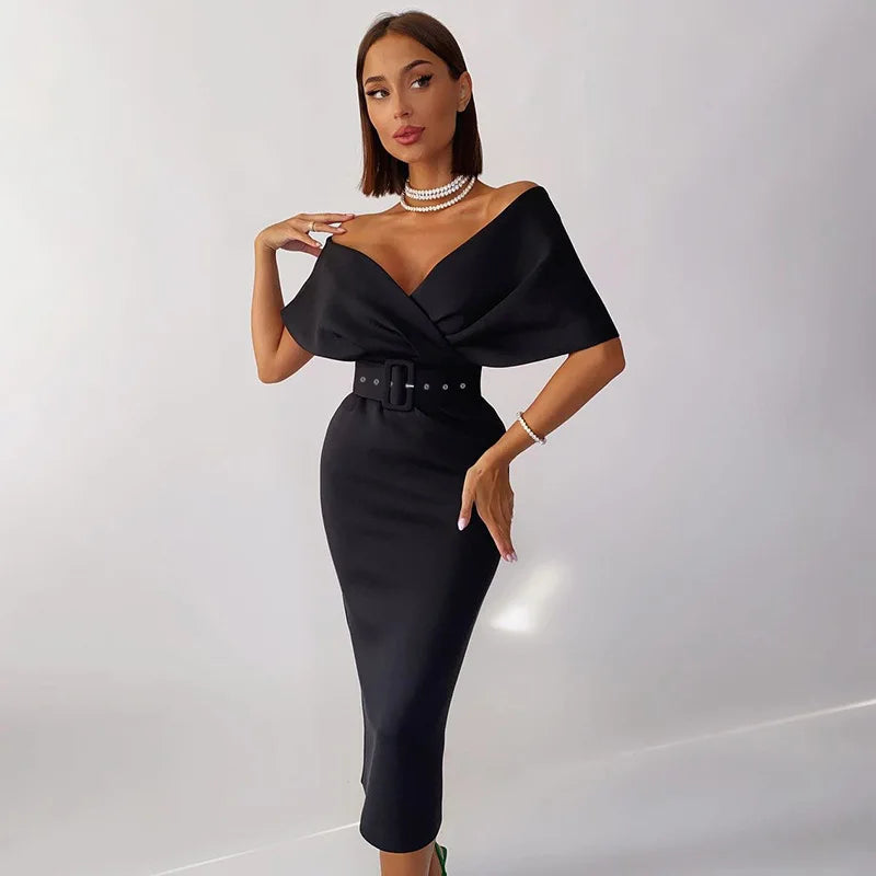 Off Shoulder High Waist Belted Summer Dress For Women