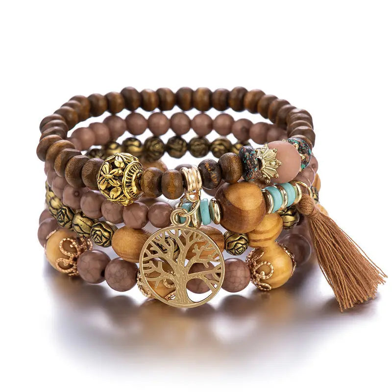 4Pcs Bohemian Tree Of Life Charm Beaded Bracelet Set Handmade Wood Beads Bangle Jewelry for Women