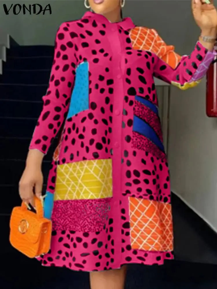 Boho Leopard Print Shirt Dress With Lapel Long Sleeve