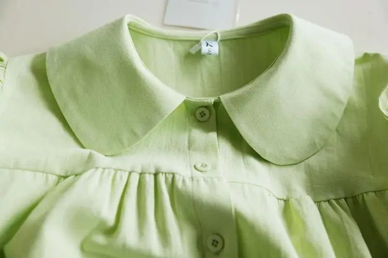 Blue Peter Pan Collar Single Breasted Short Sleeve Loose Fit Women's Blouse Shirt Lightweight Casual Top