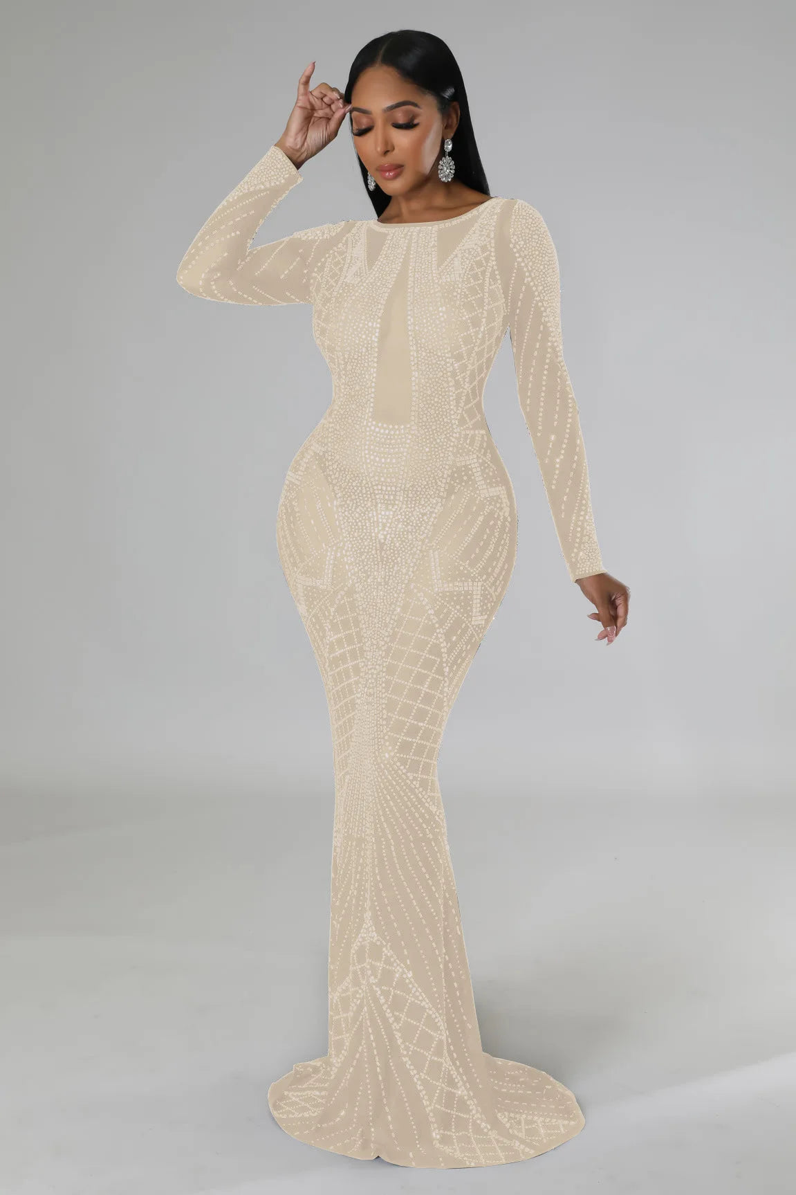 Sexy Mesh Diamond Embellished Maxi Dress for Evening Party