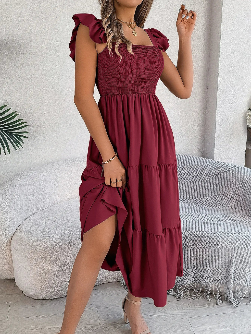Square Neck Maxi Dress for Women Solid Summer Color