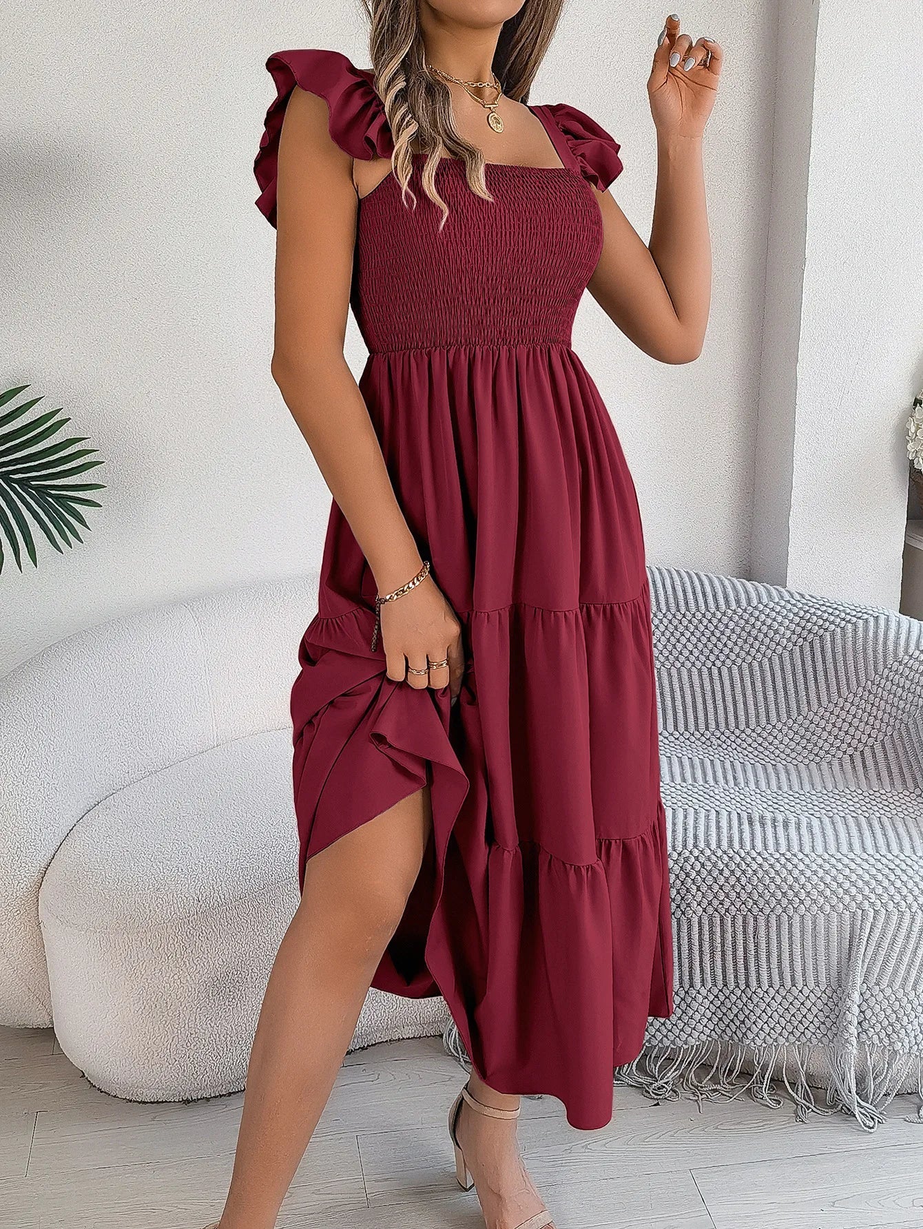 Square Neck Maxi Dress for Women Solid Summer Color