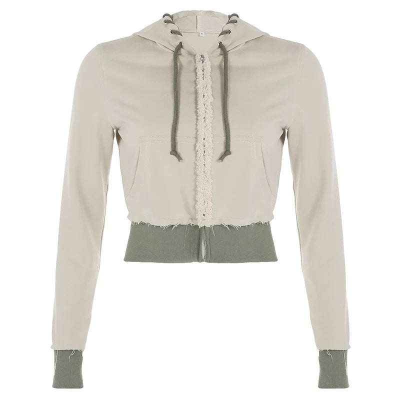 Contrast Color Casual Pants Set for Women with Stitch Patchwork Hooded Zipper Coat and Elastic Waist Sporty Autumn Suit