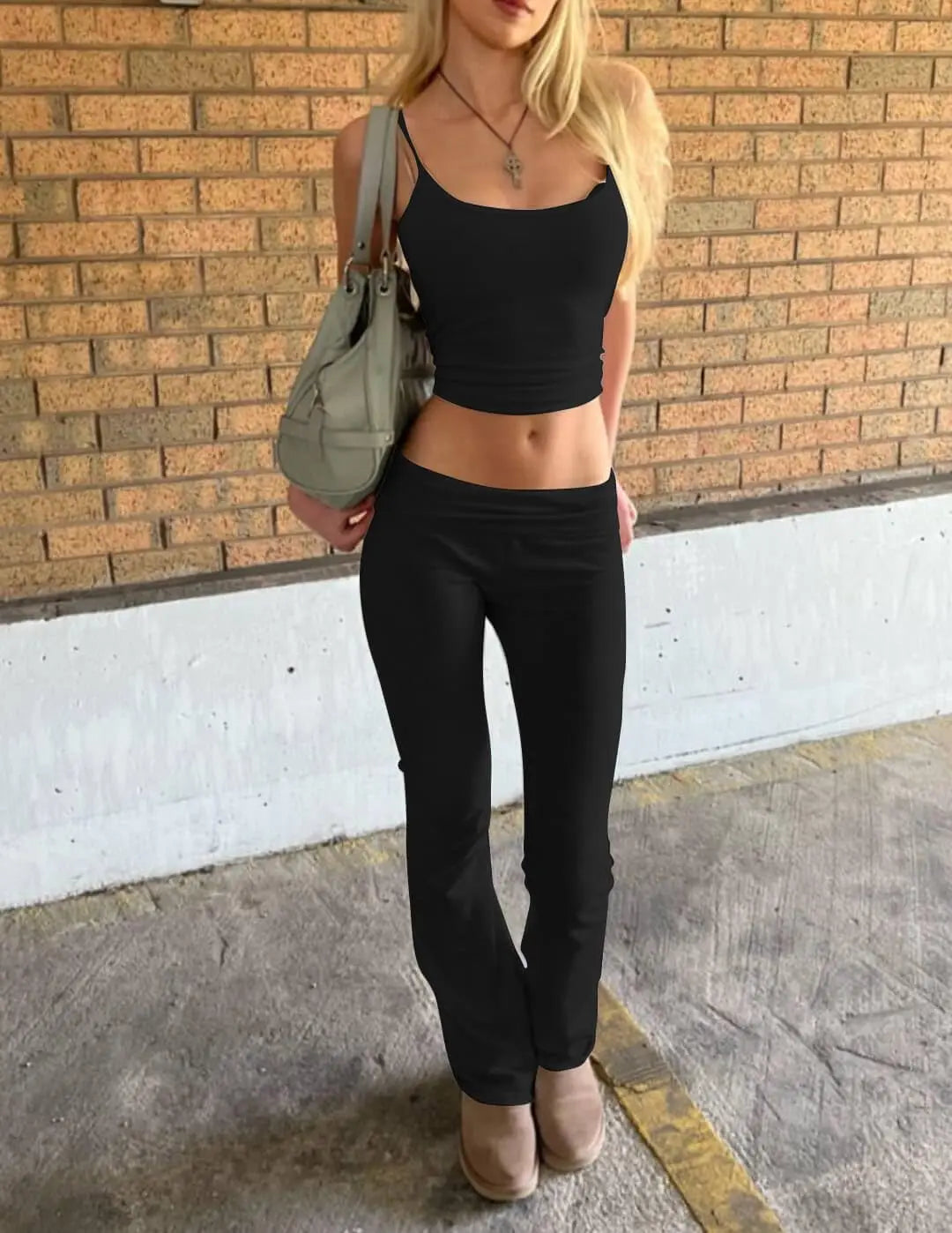 Casual Workout Two Piece Sets for Women Short Sleeve Crop Top and High Waist Flare Pants Tracksuit