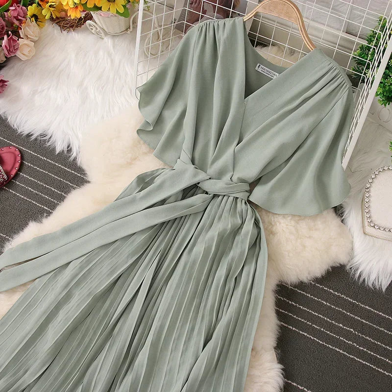 Chiffon Pleated Lace Up V Neck Dress For Women Summer