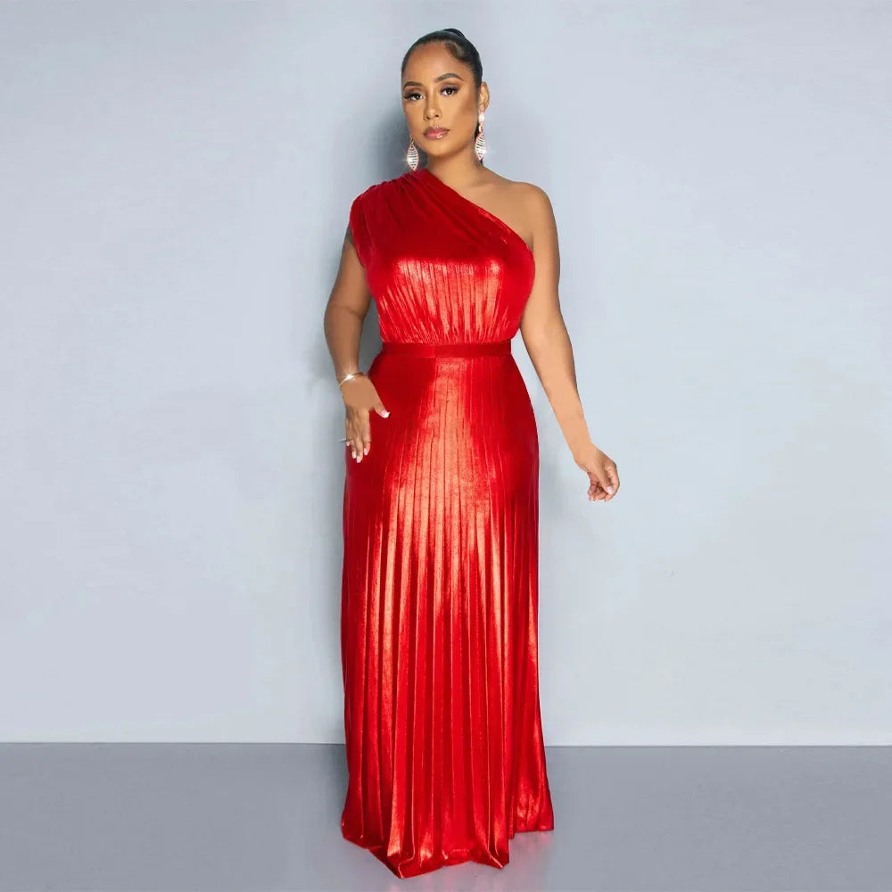 One Shoulder Metallic Pleated Maxi Dress Evening Gown