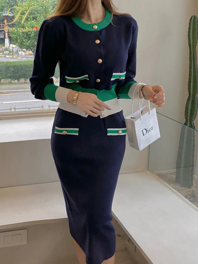 Two Piece Color Block Knitted Pencil Dress Set For Women