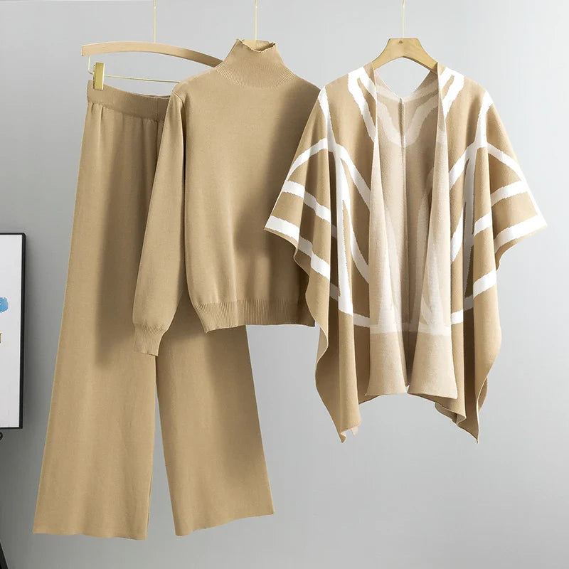 Knitted 3 Piece Set for Women with Stripe Shawl, Half High Neck Full Sleeve Top, and Wide Leg Trousers Stylish Fashion Suit