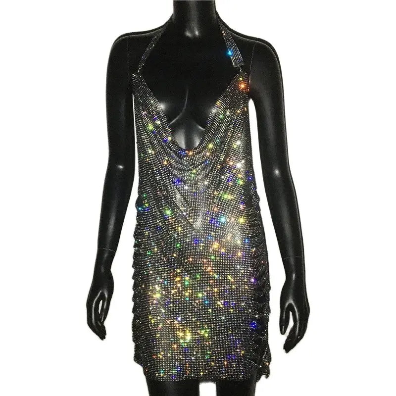 Backless Halter Neck Dress With Rhinestones Side Split