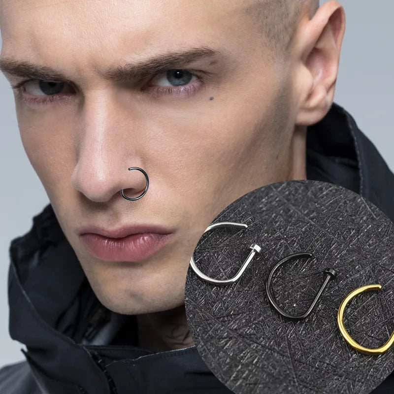 D-Shape Septum Nose Ring Clip On 316L Stainless Steel Fake Piercing Jewelry for Men and Women, 1/3/5 Pieces