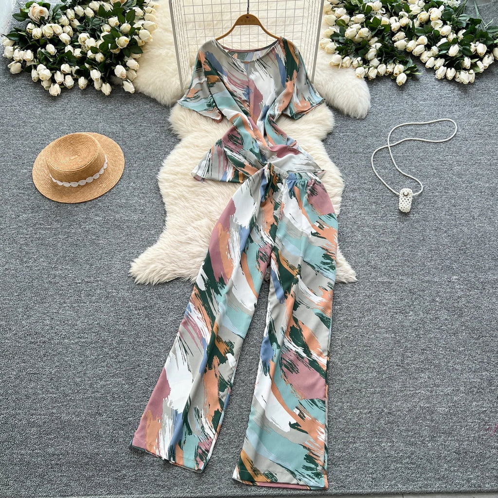 Printed Women Summer Fashion Two Piece Set with Short Sleeve Top and Wide Leg Long Pants for Casual Streetwear Outfits