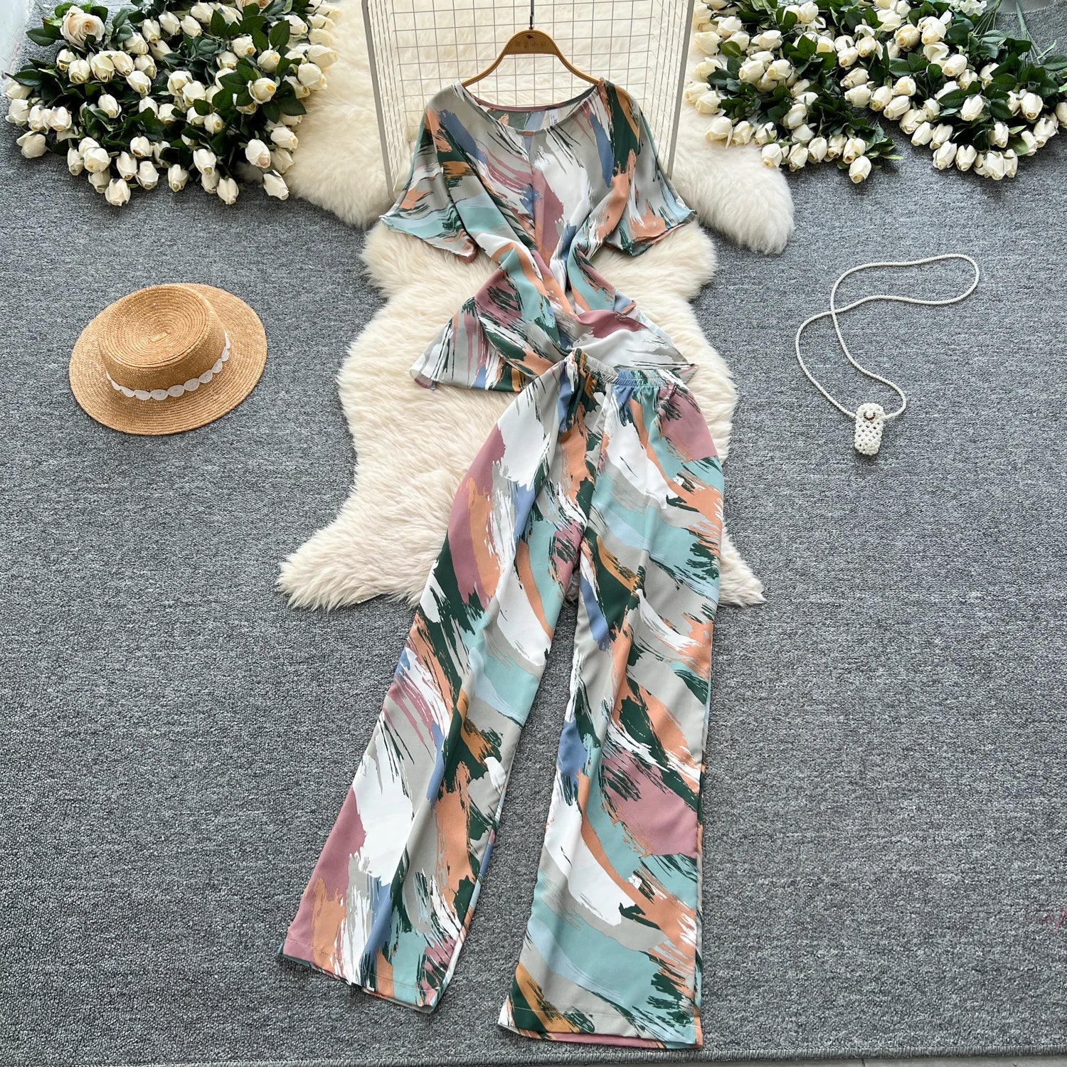 Printed Women Summer Fashion Two Piece Set with Short Sleeve Top and Wide Leg Long Pants for Casual Streetwear Outfits