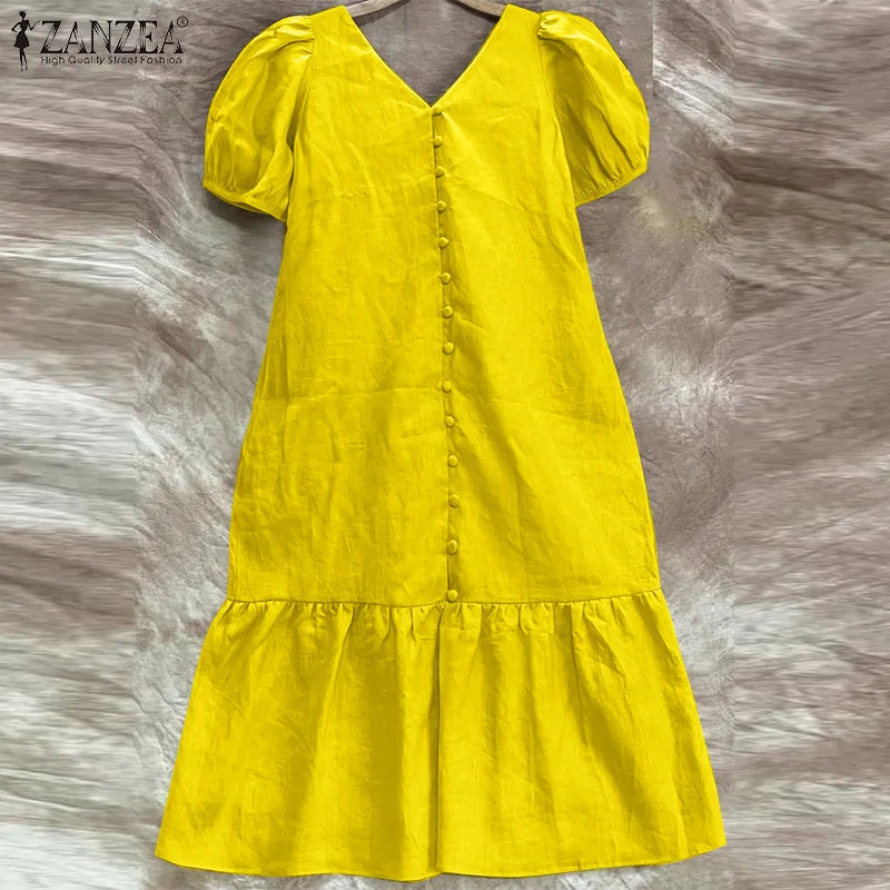 V Neck Puff Sleeve Midi Dress Solid Color Casual Wear