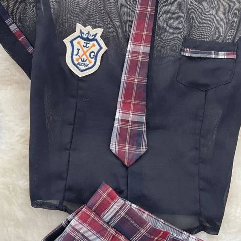 Sexy Preppy Style JK Set for Women Polo Neck See-Through Crop Top Plaid Pleated Short Skirt Student Cosplay Outfit