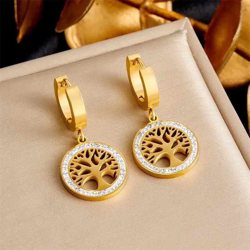 Trendy Titanium Stainless Steel Bohemia Hoop Earrings with CZ Crystal Tree Design for Women and Girls