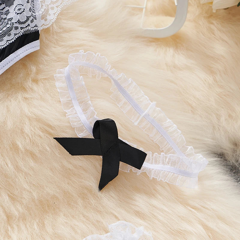 Sexy Lace-Up Lingerie Bodysuit Set with Mini Skirt Backless Patchwork Lace Edge Hollow Cosplay Maid Uniform