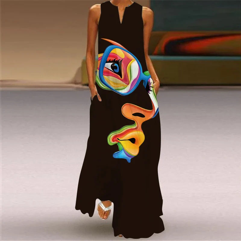 V Neck Sleeveless Printed Maxi Dress For Women Summer Style