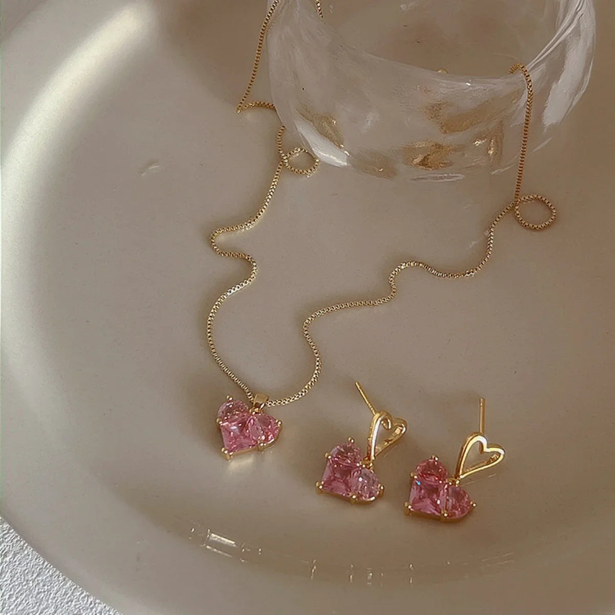 3pcs Y2K Heart Shaped Zircon Pink Crystal Jewelry Set for Women Elegant Earrings and Necklace Gift