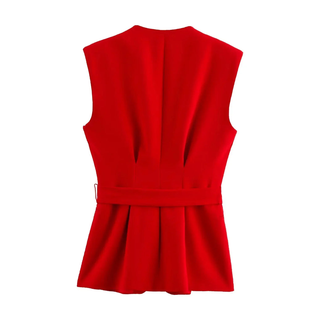 Red Vest Blazer Set For Office Lady With Wide Leg Pants