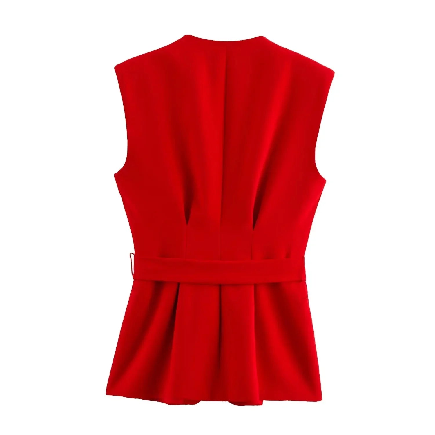 Red Vest Blazer Set For Office Lady With Wide Leg Pants