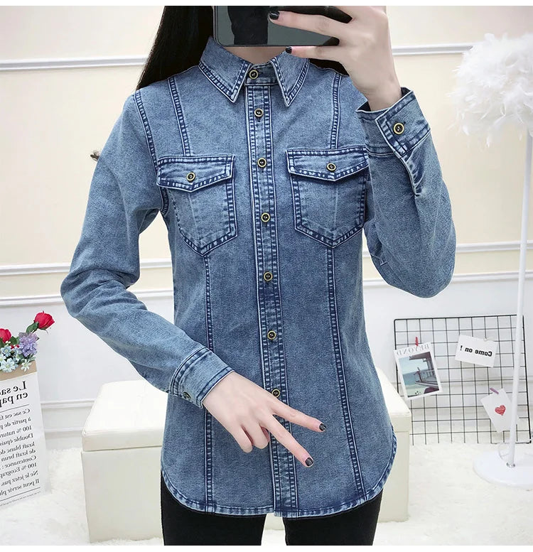 Women's High Quality Denim Shirt Long Sleeve Single Button Blouse with Pockets Casual Korean Style Autumn Winter Top