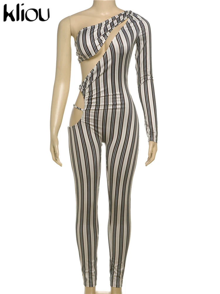 Sexy Striped Printed Women Jumpsuit with Inclined Shoulder Hollow Cleavage Skinny Fit Overalls Stylish Fashion Clubwear