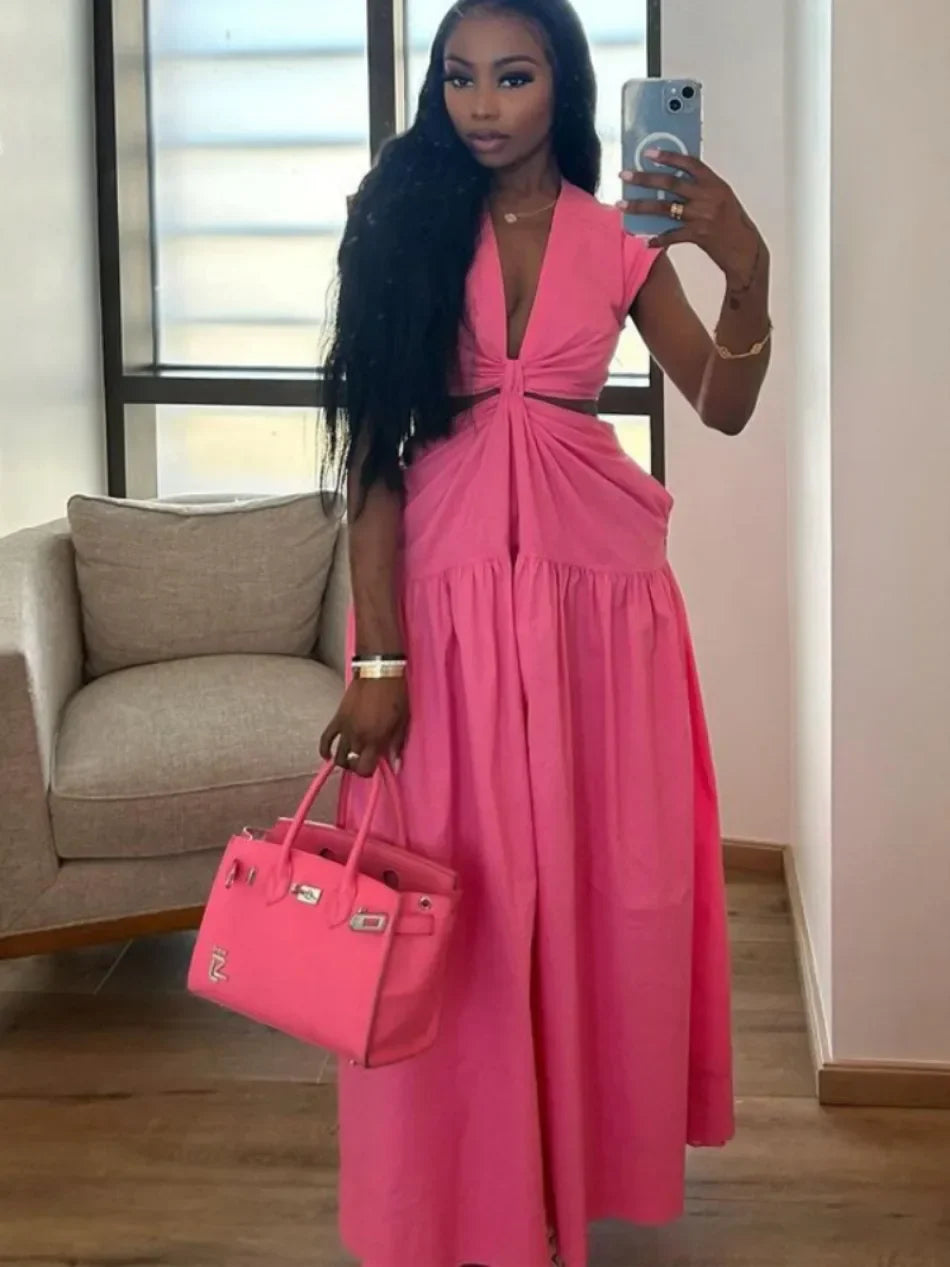 Beach Maxi Dress V Neck Sleeveless Lace Up Solid Color