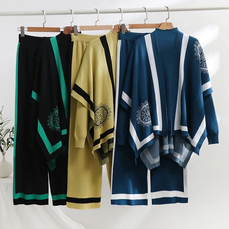 Elegant Floral Knitted Three-Piece Set for Women Featuring Knit Top and Wide Leg Pants for Autumn and Winter Casual Wear