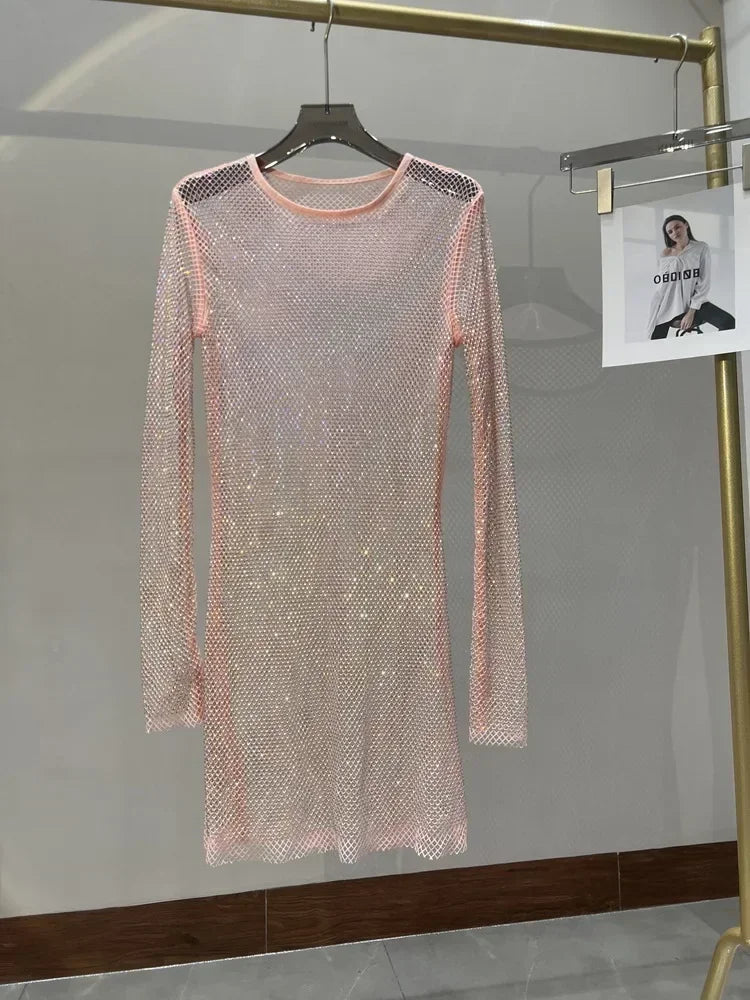 Colorful Sequin Diamond Dress Round Neck Midi Hollow