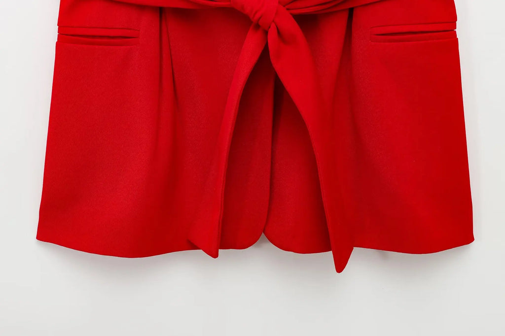 Fashionable Red Vest and Flared Pants Suit for Women with Belt, Versatile and Simple Temperament Outfits