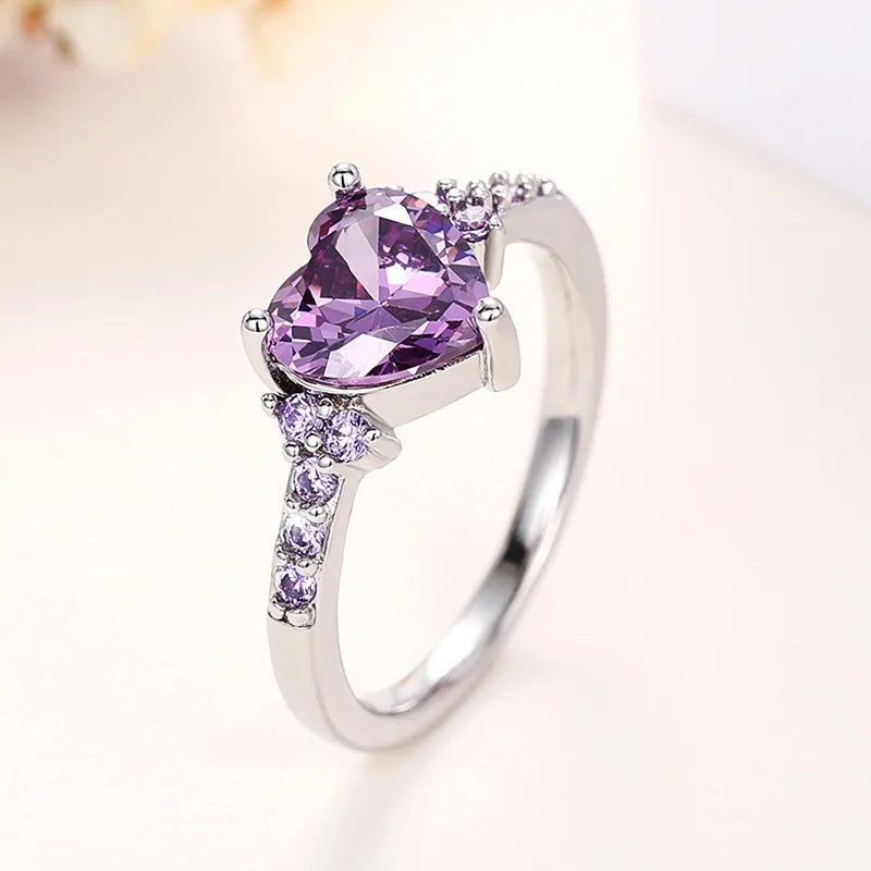 Purple Heart Cubic Zirconia Engagement Ring for Women Unique Wedding Jewelry Romantic Gift