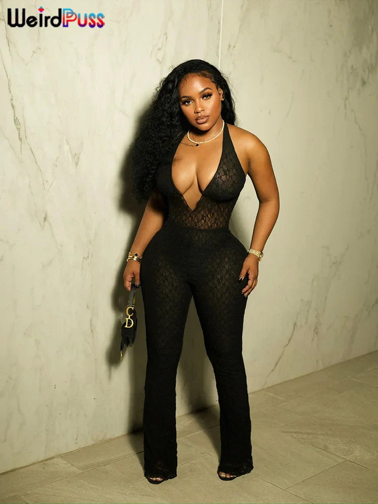 Sexy Mesh Halter Jumpsuit for Women Backless Skinny Low-Neck Midnight Clubwear Birthday Party Workout Overalls