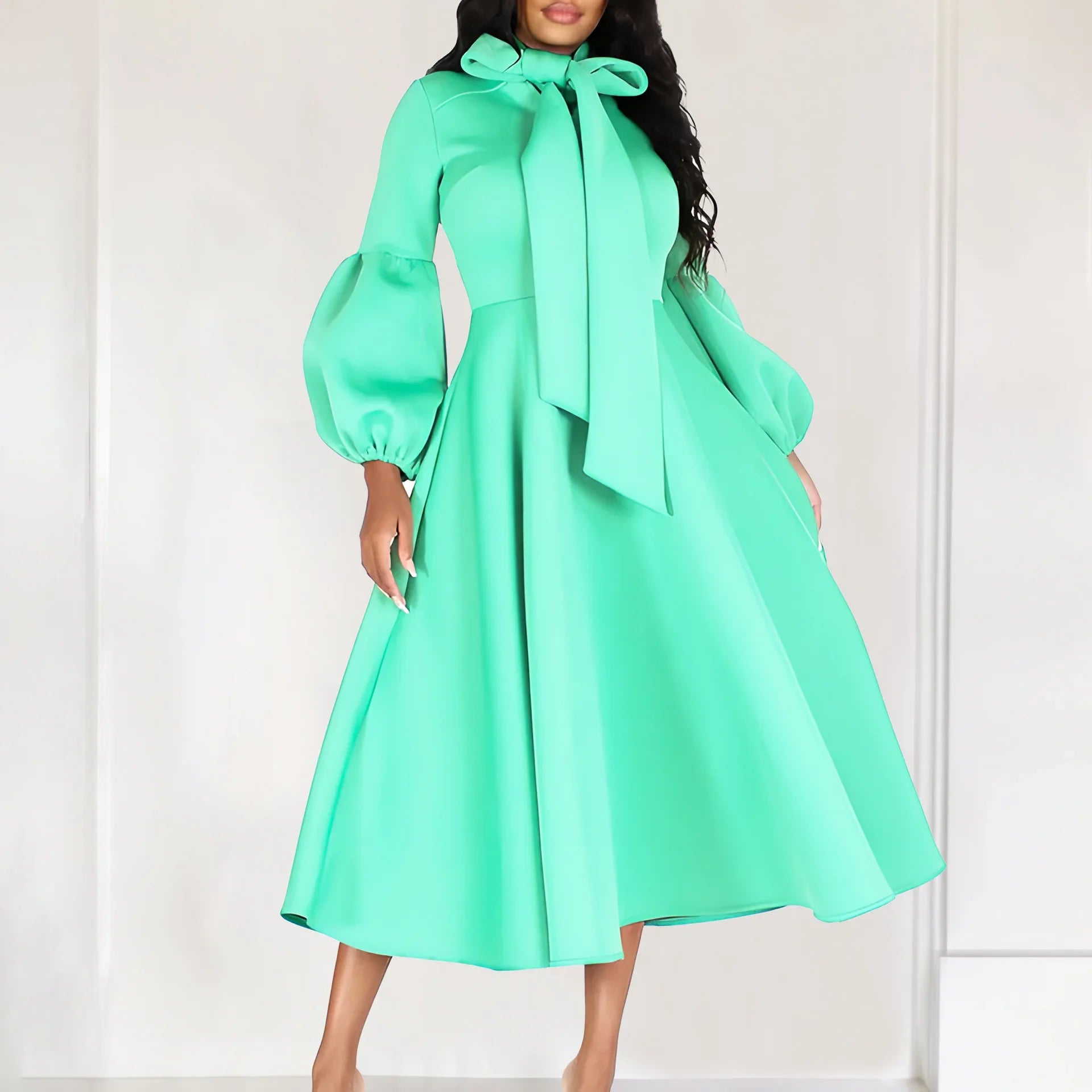 Elegant A Line Midi Dress With Bow Collar For Party