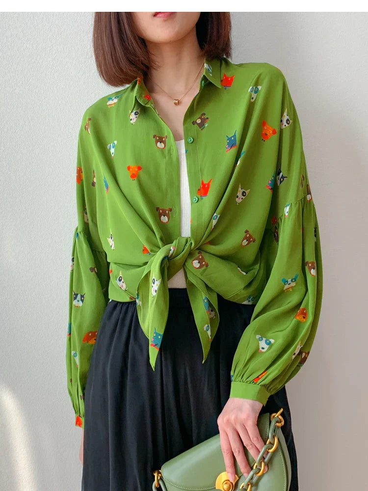 Women Shirt 100 Percent Mulberry Crepe Silk Green Lantern Sleeve Blouse with Cartoon Button Detail