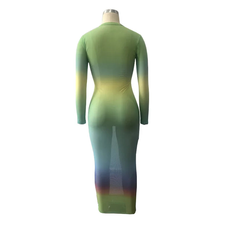 Rainbow Gradient Sheer O Neck Dress For Clubwear Nights