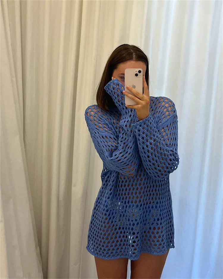 Knit Hollow Out Beach Cover Up Dress See Through For Women