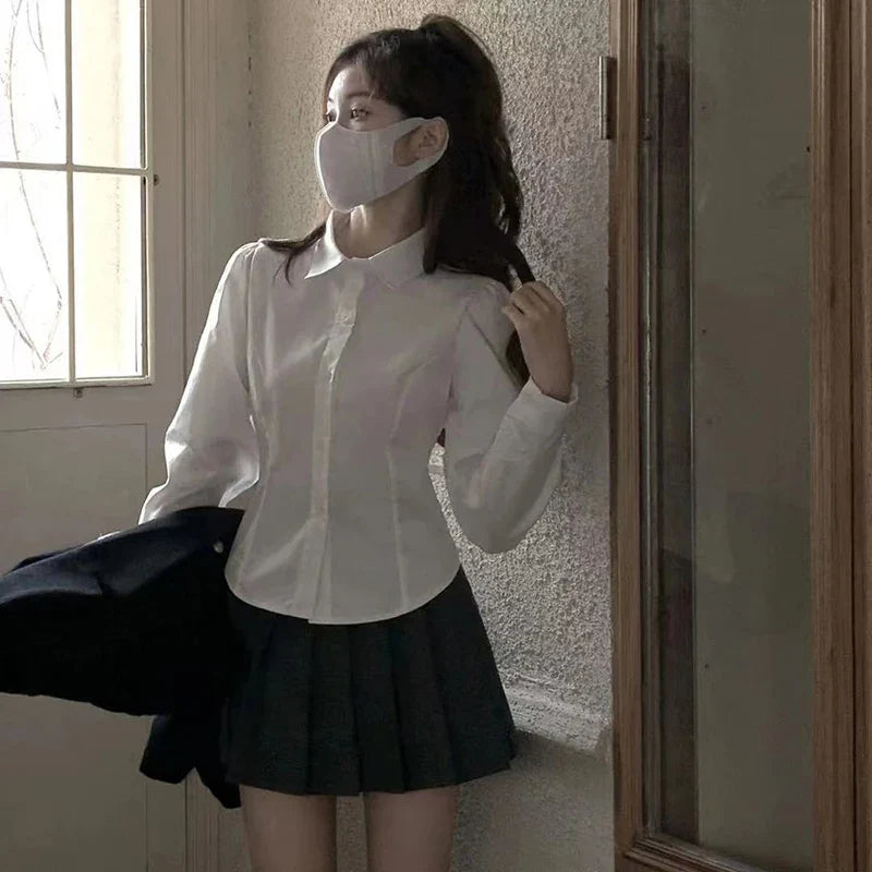Preppy Long Sleeve White Shirt for Women Korean Chic Button-Up JK Blouse Student Uniform with Fashionable Lace-Up Detail