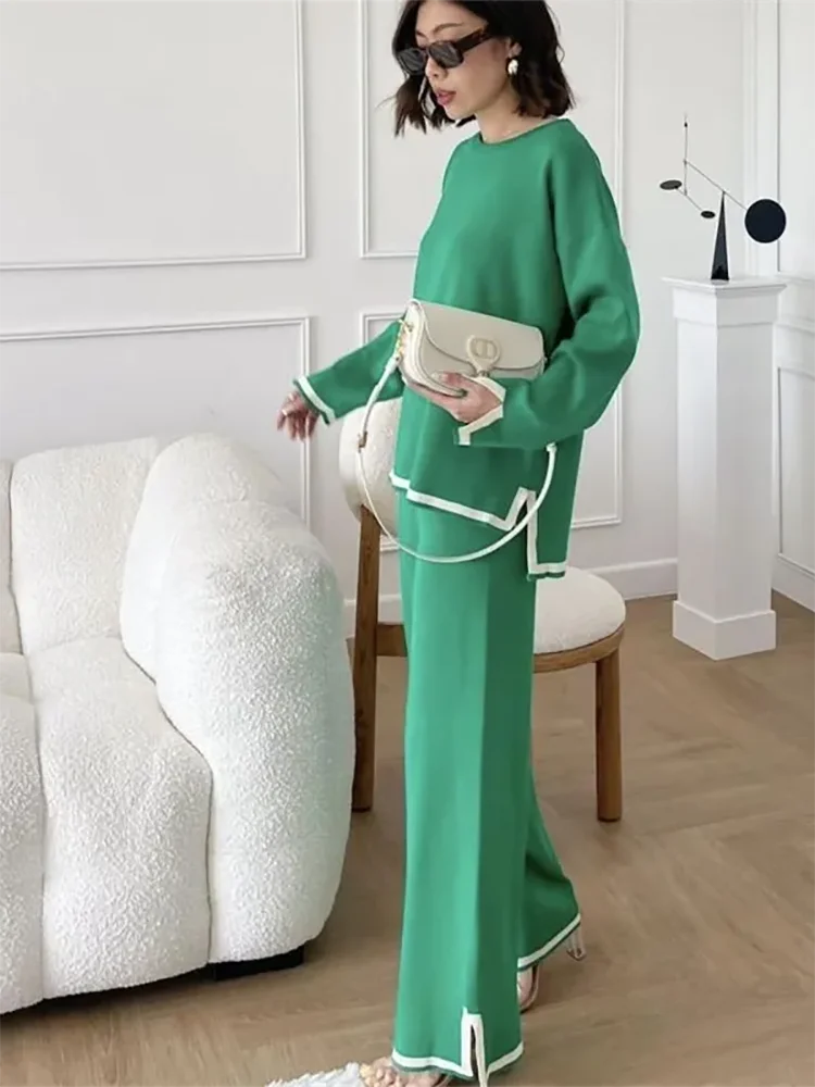 Knit Two Piece Pajama Set for Women with Side Split and High Waist Short Sleeve Design Suitable for Office and Casual Wear