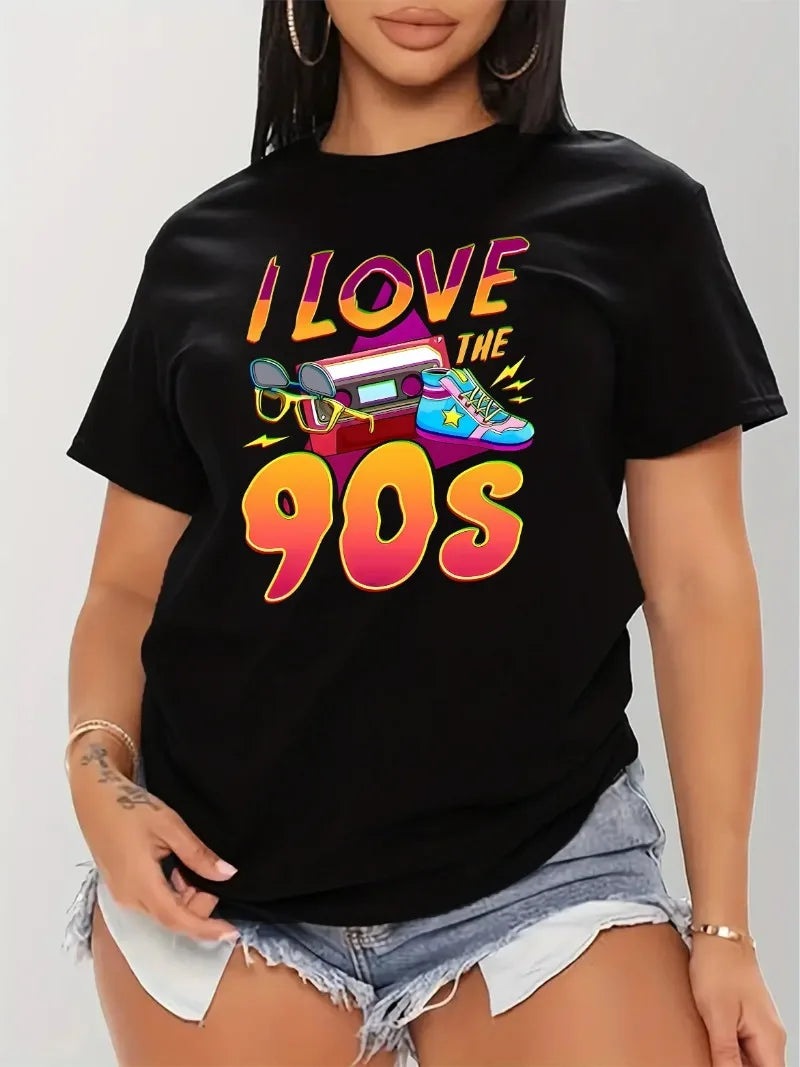 I Love 90s Print T-Shirt for Women Casual Short Sleeve Summer Top
