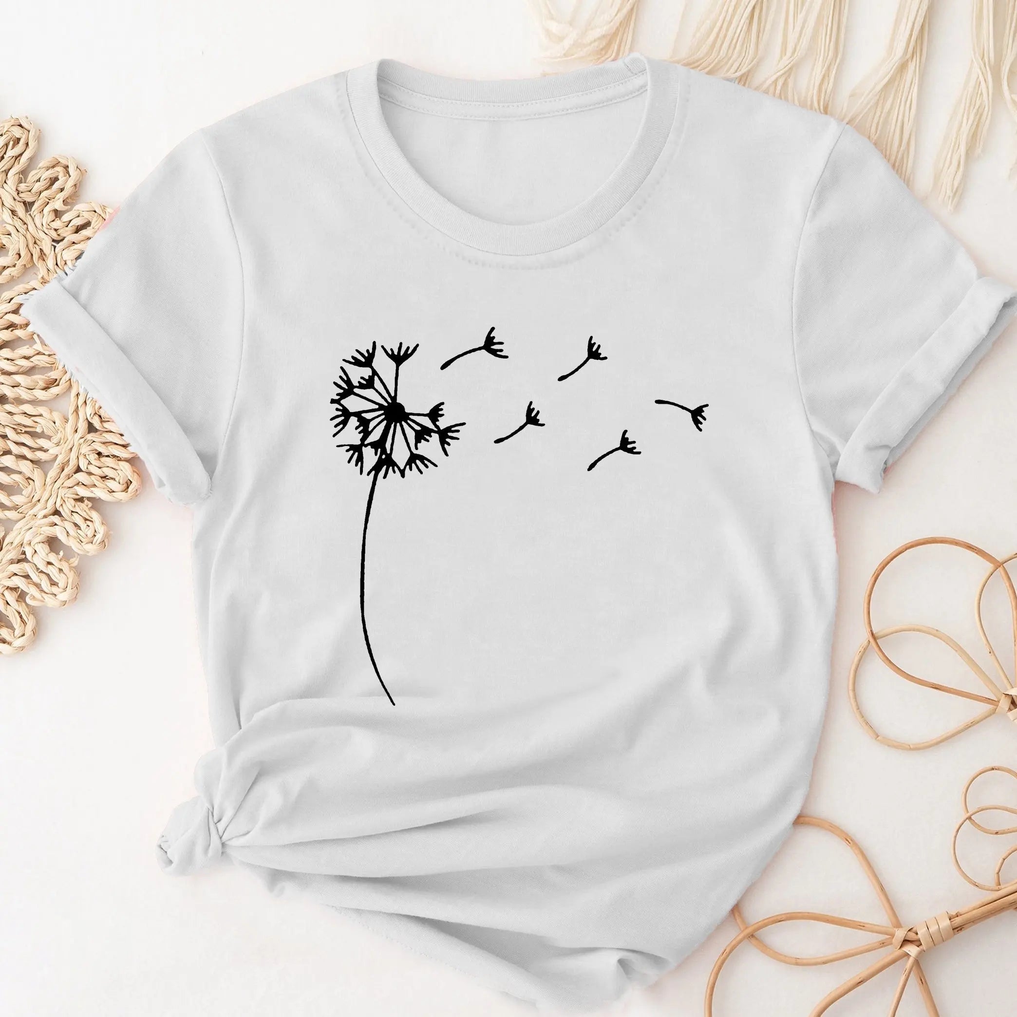Dandelion Print Casual Crew Neck T-Shirt for Women, Short Sleeve Spring and Summer Top