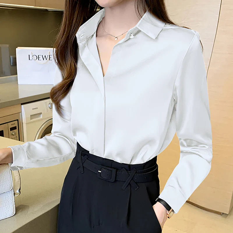 Elegant Satin Women Blouse Long Sleeve Shirt Autumn Fashion Tops for Ladies Office and Casual Wear