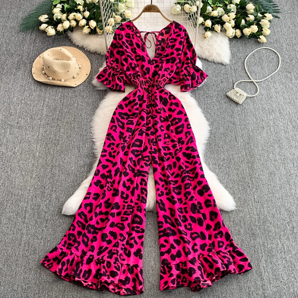 Women's Summer V-Neck Leopard Print Lace-Up Jumpsuit Short Sleeve Loose Fit Playsuit Overalls with Elegant Ruffle Detail