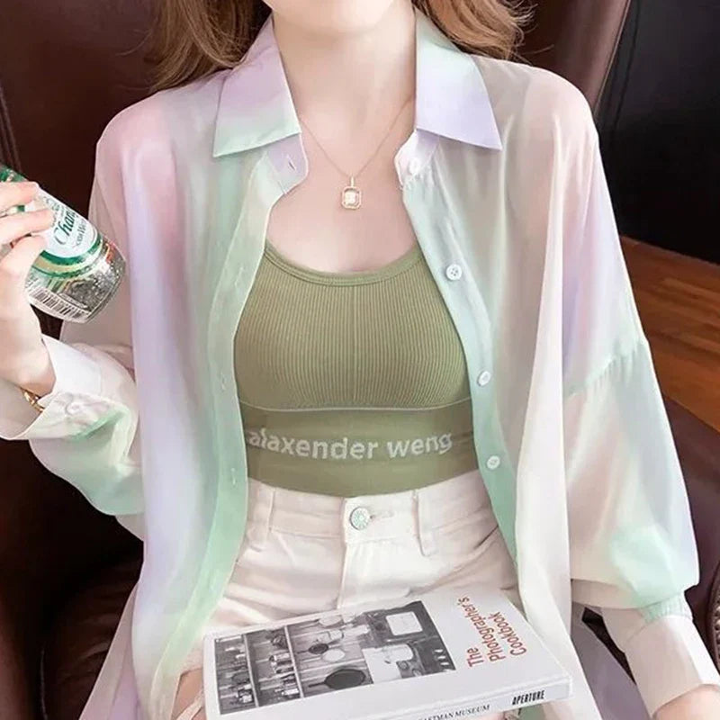 Women's Long Sleeve Sheer Gradient Rainbow Casual Blouse Loose Fit Basic Shirt Stylish Lightweight Jacket