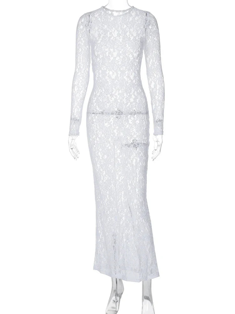 Floral Print Sheer Maxi Dress Long Sleeve Bodycon Evening