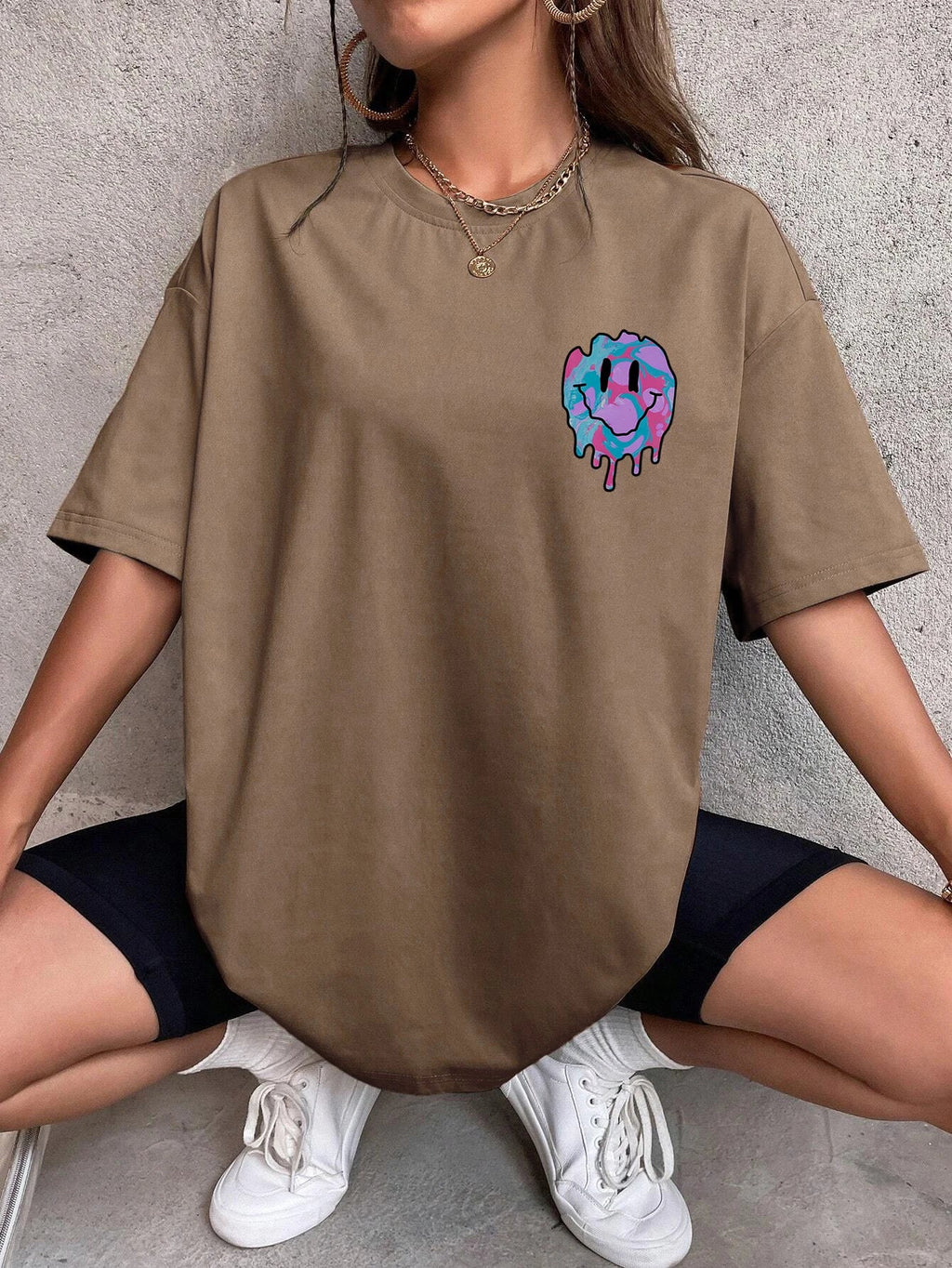 Funny Smile Face Print Cotton T-Shirt for Women Casual Streetwear Tee