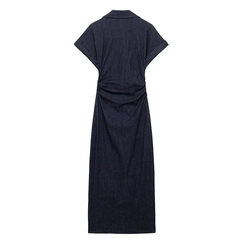 Denim Pleated Midi Dress Blue Short Sleeves Lapel Neck