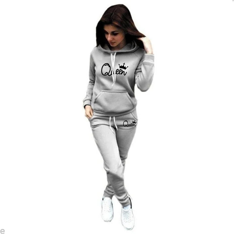 Queen Printed Hoodie and Jogging Pants Set for Women Stylish Pullover and Bottoms 2 Piece Outfit